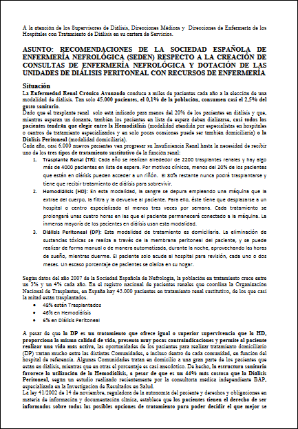  Creación de Consultas de Enfermería Nefrológica y Dotación de las Unidades de D.P. con Recursos de Enfermería   