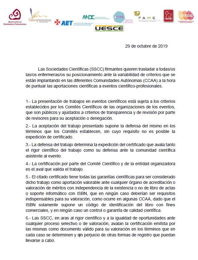 Posicionamiento de las sociedades científicas ante la variabilidad de criterios que se están implantando en las diferentes Comunidades Autónomas a la hora de puntuar las aportaciones científicas a eventos científico-profesionales.