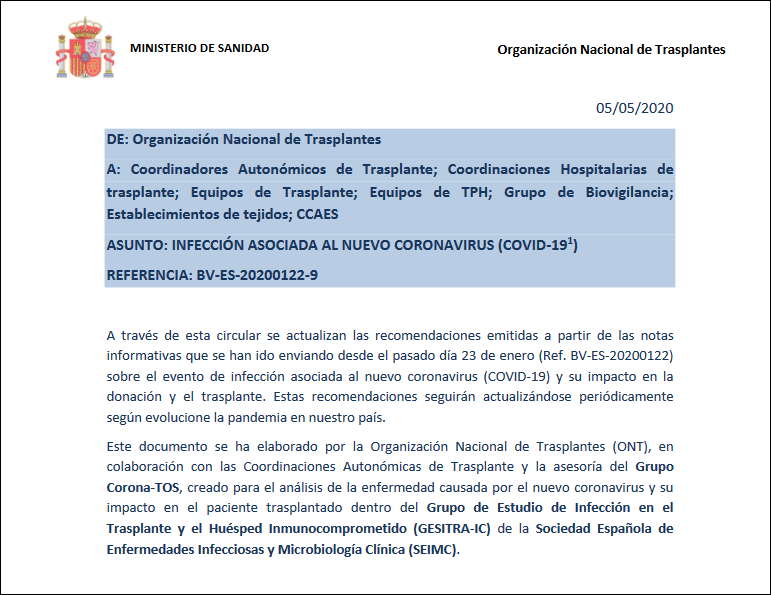 Recomendaciones para la gestión de los programas de donación y trasplante en relación con la pandemia de COVID-19