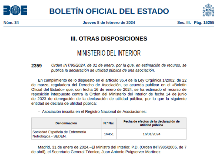 El Ministerio de Interior declara a la Sociedad Española de Enfermería Nefrológica  como entidad de utilidad pública