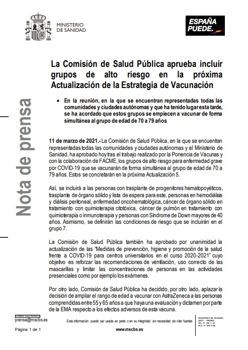 La Comisión de Salud Pública aprueba incluir grupos de alto riesgo en la próxima Actualización de la Estrategia de Vacunación