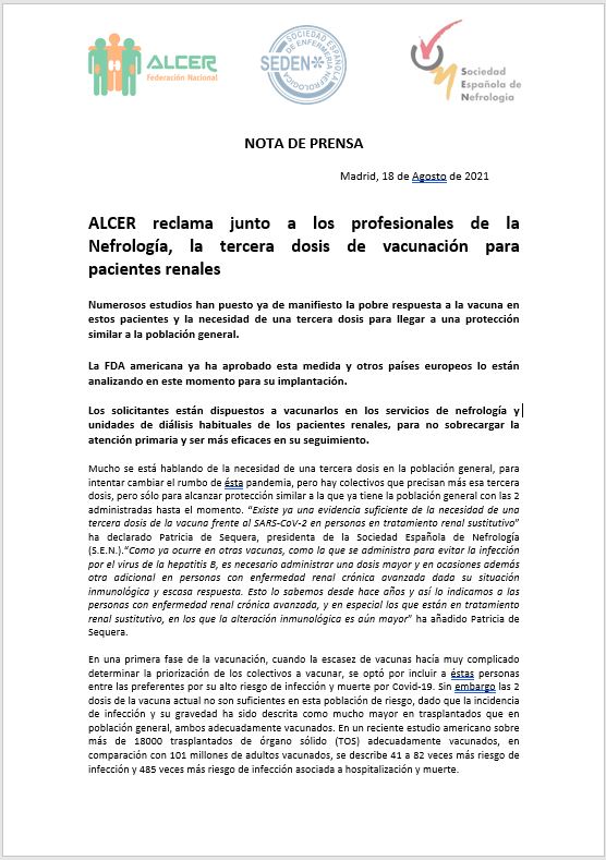 NOTA DE PRENSA: ALCER-SEN-SEDEN reclaman la tercera dosis de vacunación para pacientes renales